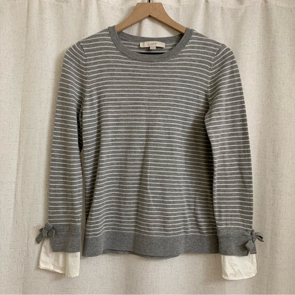 LOFT Wool Blend Gray and White Breton Stripe Longsleeve Sweater XS